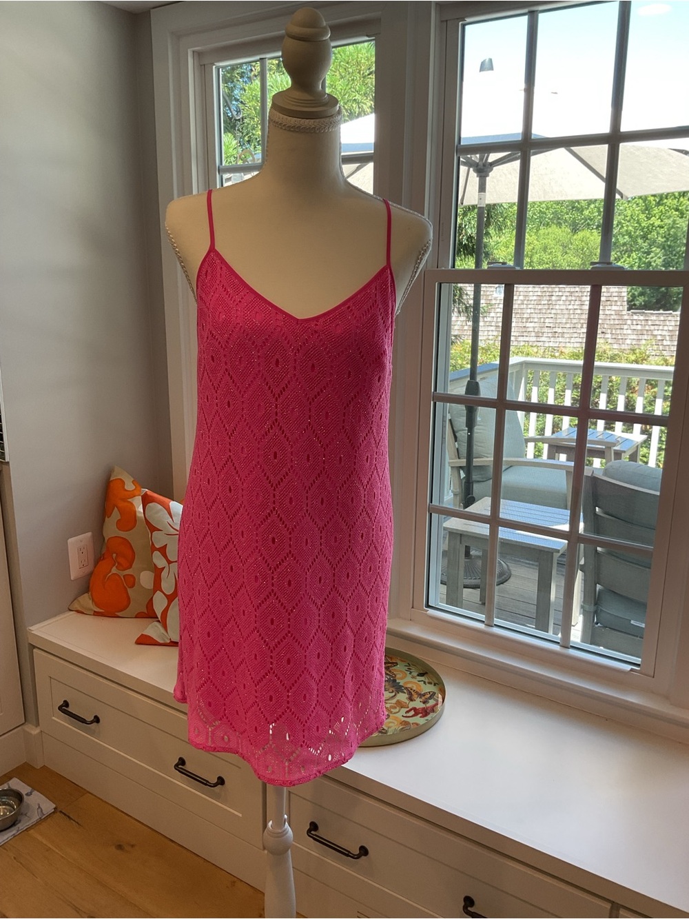 Lilly Pulitzer Pink Crochet Mini Dress with gold metallic threads